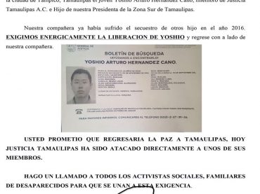 Piden intervención del gobernador del estado y regresar con vida a  miembro de la asociación justicia por Tamaulipas que fue secuestrado.