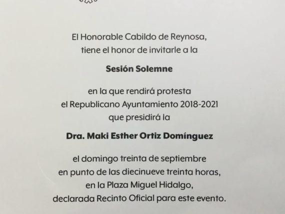 Invita Cabildo de Reynosa a Toma de Protesta del R. Ayuntamiento 2018-2021.