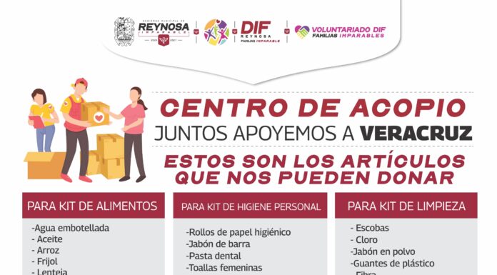 INSTALAN ALCALDE CARLOS PEÑA ORTIZ, DIF Y VOLUNTARIADO CENTRO DE ACOPIO PARA APOYAR A FAMILIAS DE VERACRUZ