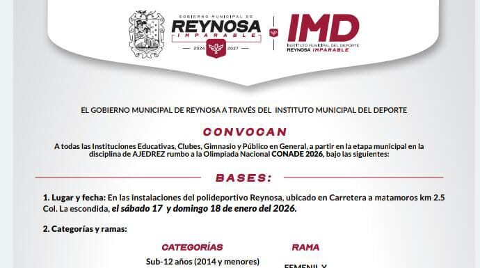 INVITA GOBIERNO DE REYNOSA A INSCRIBIRSE EN TORNEO DE AJEDREZ