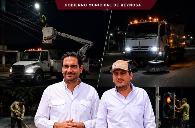 CARLOS PEÑA ORTIZ Y ANTONIO CHÁVEZ HERRERA SUPERVISAN EL TRABAJO NOCTURNO DE CUADRILLAS DE SERVICIOS PÚBLICOS EN REYNOSA